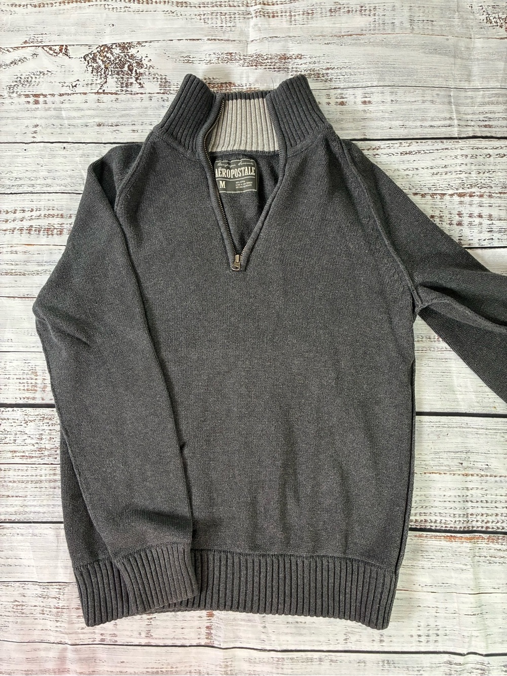 Aeropostale Sweater Men’s Medium Gray Cotton Quarter Zip Mock Neck